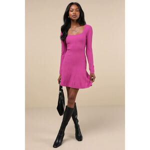 Lulus Cute Simplicity Magenta Purple Textured Mini Sweater Dress - Size XS